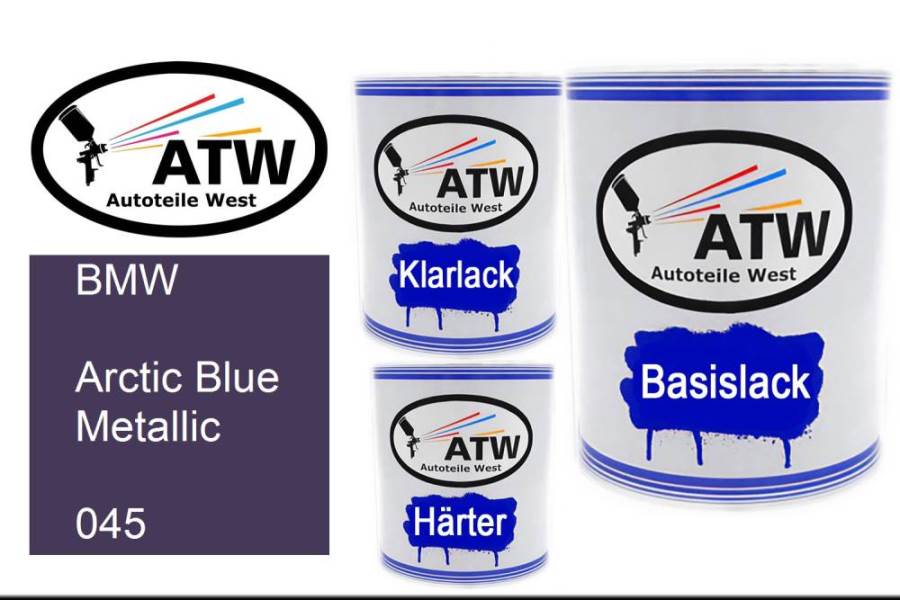 BMW, Arctic Blue Metallic, 045: 1L Lackdose + 1L Klarlack + 500ml Härter - Set, von ATW Autoteile West.